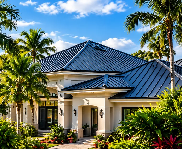 A Florida home with a dark metal roof, framed by palm trees